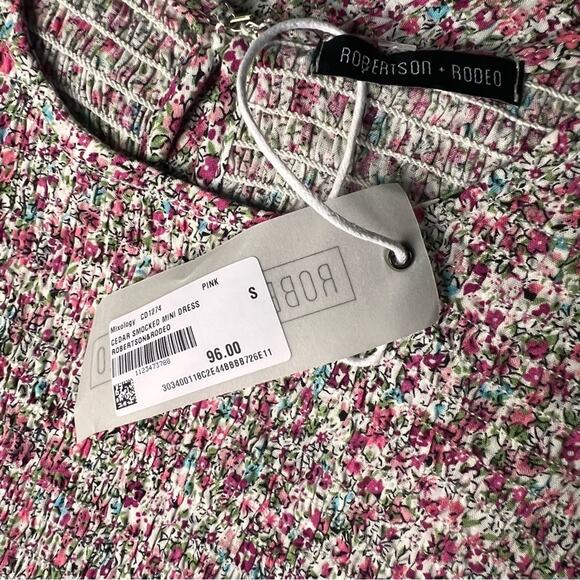 Pink Ditsy Floral Smocked Ruffled Mini Dress Puff Sleeves, Size Small | Mixology - Picture 6 of 11